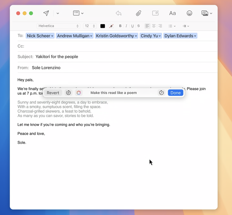 Screenshot from WWDC24 of the new text rewriting engine making an email 'Read like a poem'