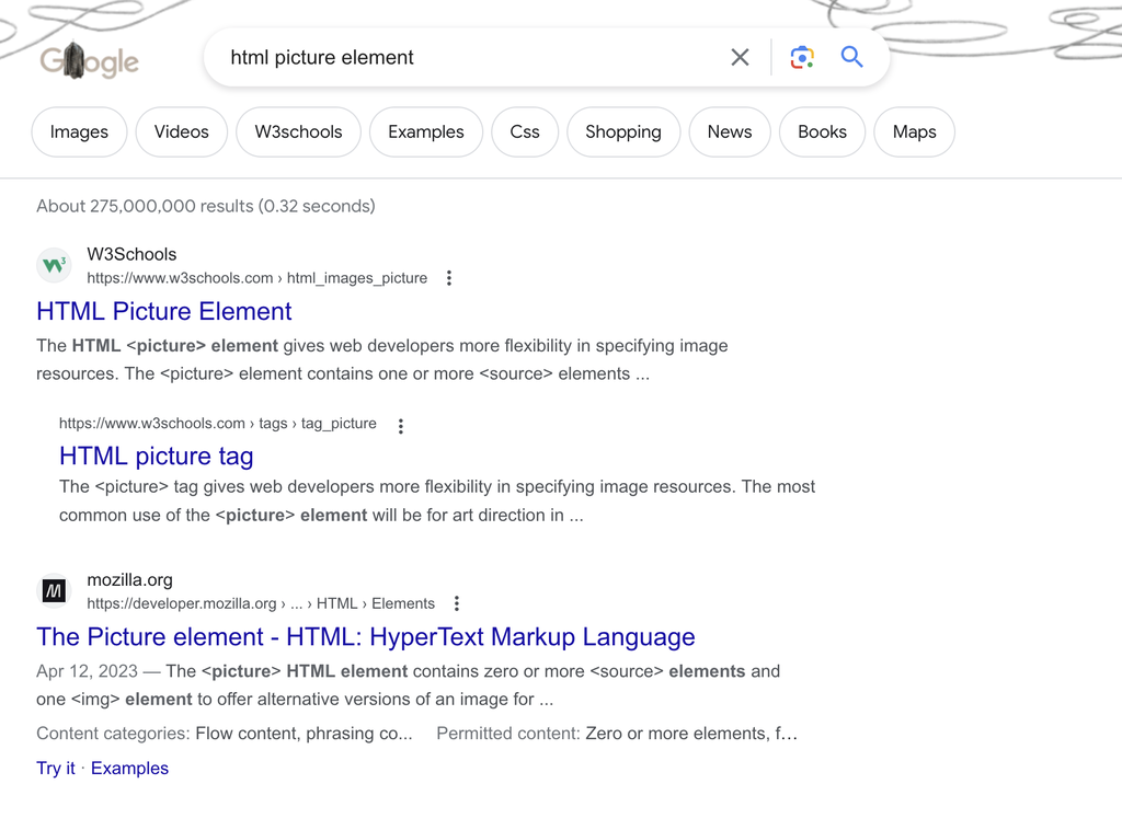 search for the HTML picture element